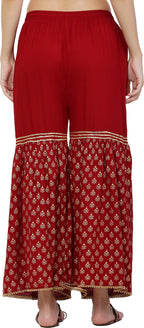 PAVONINE Maroon Color 3-Panels Sequence Printed Flared Sharara For Women & Girls | Grocsy
