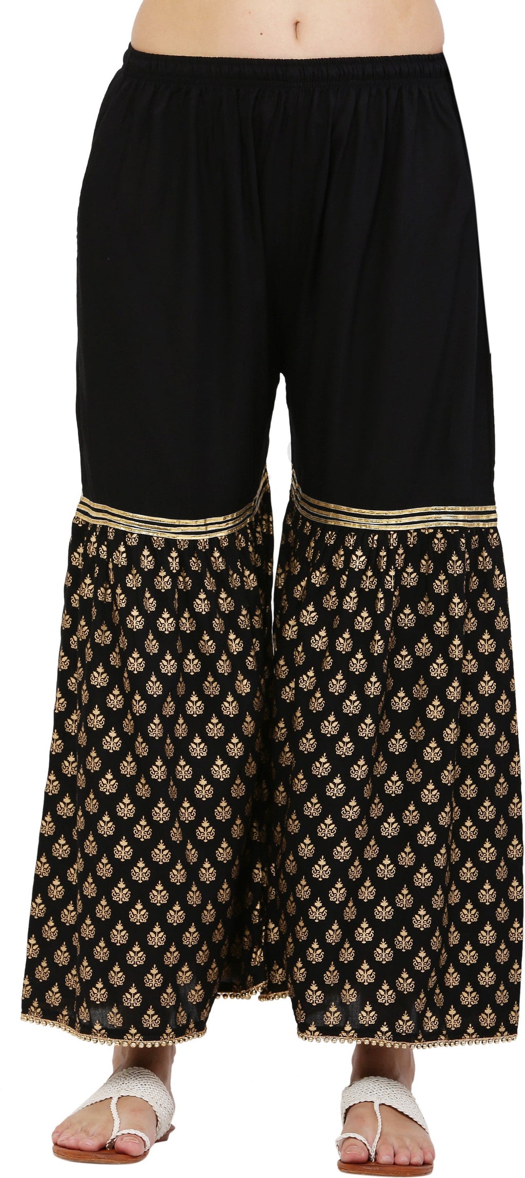 PAVONINE Black Color 3-Panels Sequence Printed Flared Sharara For Women & Girls | Grocsy