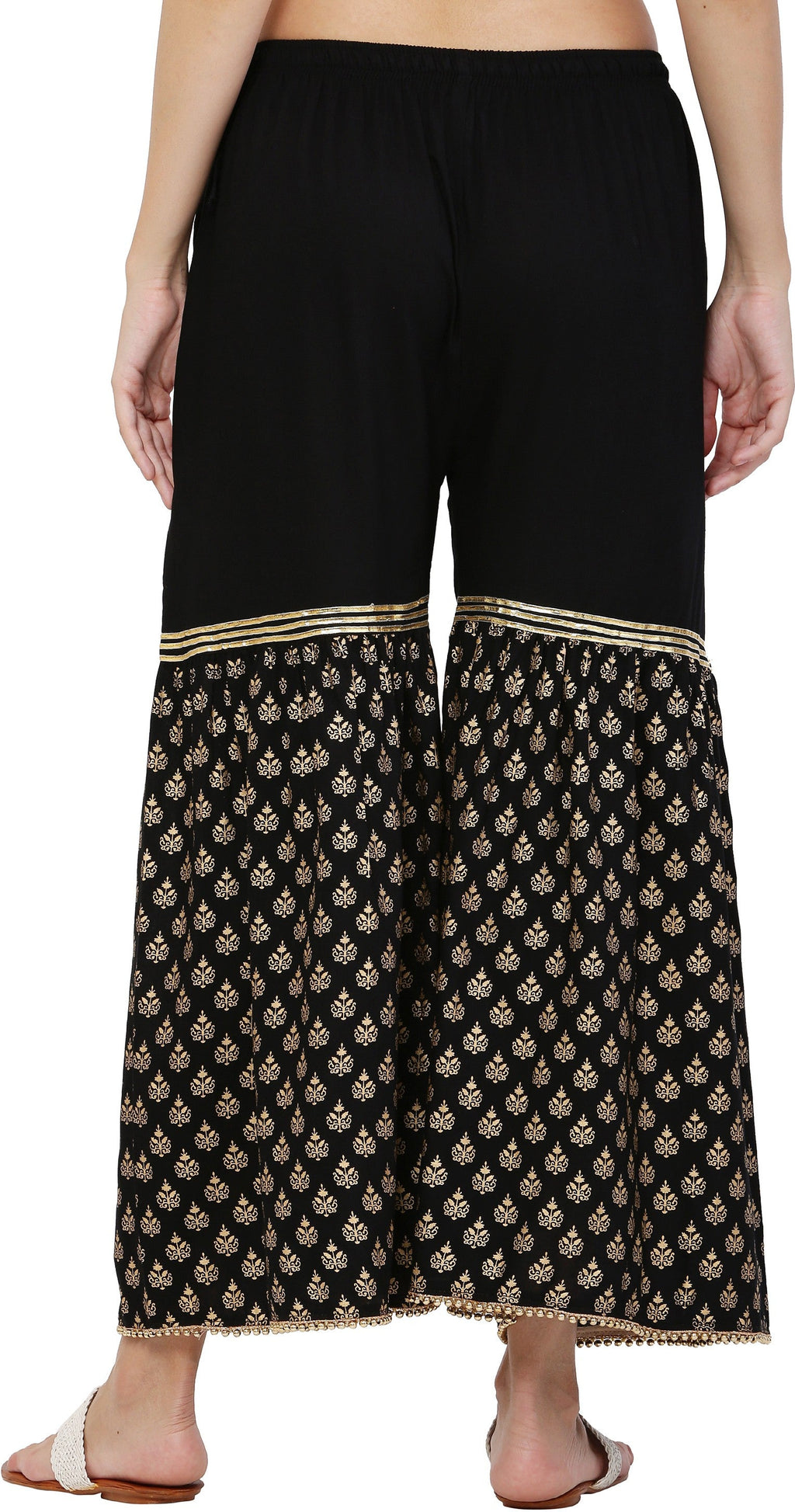 PAVONINE Black Color 3-Panels Sequence Printed Flared Sharara For Women & Girls | Grocsy