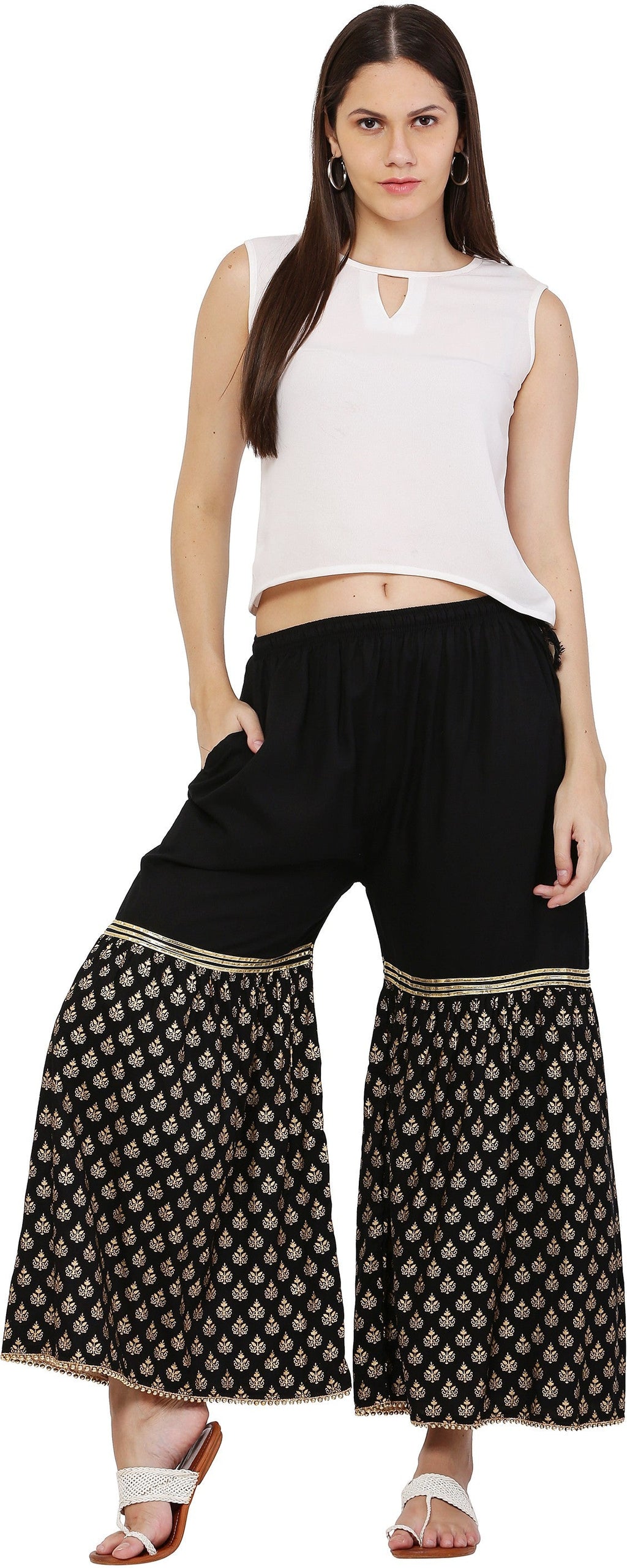 PAVONINE Black Color 3-Panels Sequence Printed Flared Sharara For Women & Girls | Grocsy