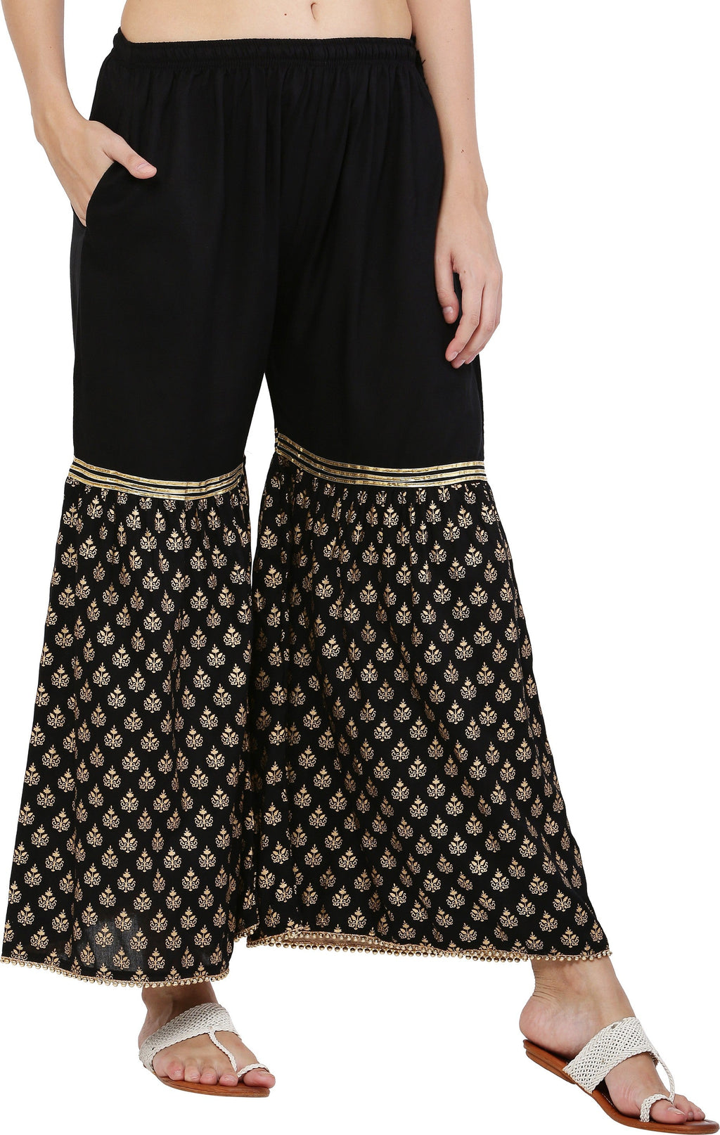 PAVONINE Black Color 3-Panels Sequence Printed Flared Sharara For Women & Girls | Grocsy