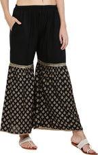 PAVONINE Black Color 3-Panels Sequence Printed Flared Sharara For Women & Girls | Grocsy