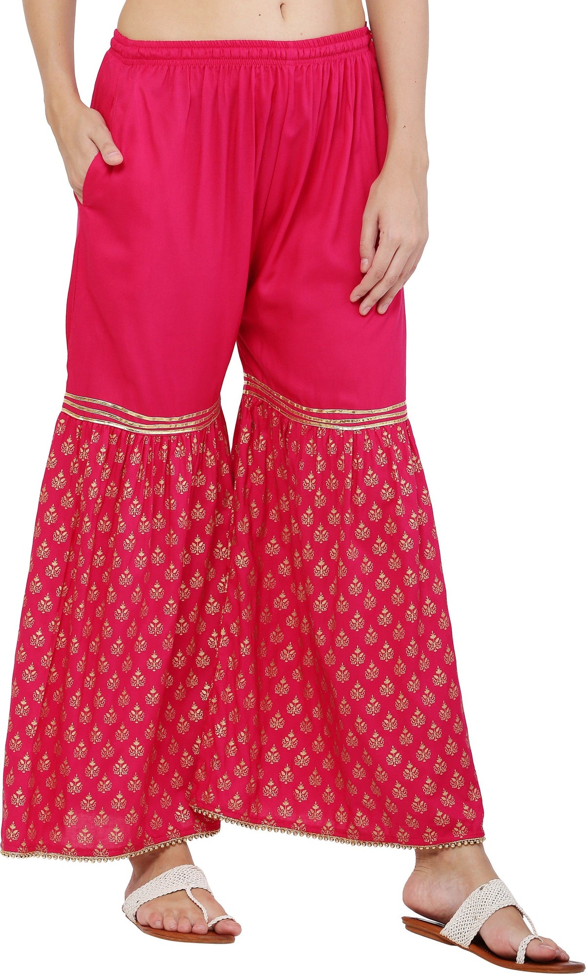 PAVONINE Rani Color 3-Panels Sequence Printed Flared Sharara For Women & Girls | Grocsy