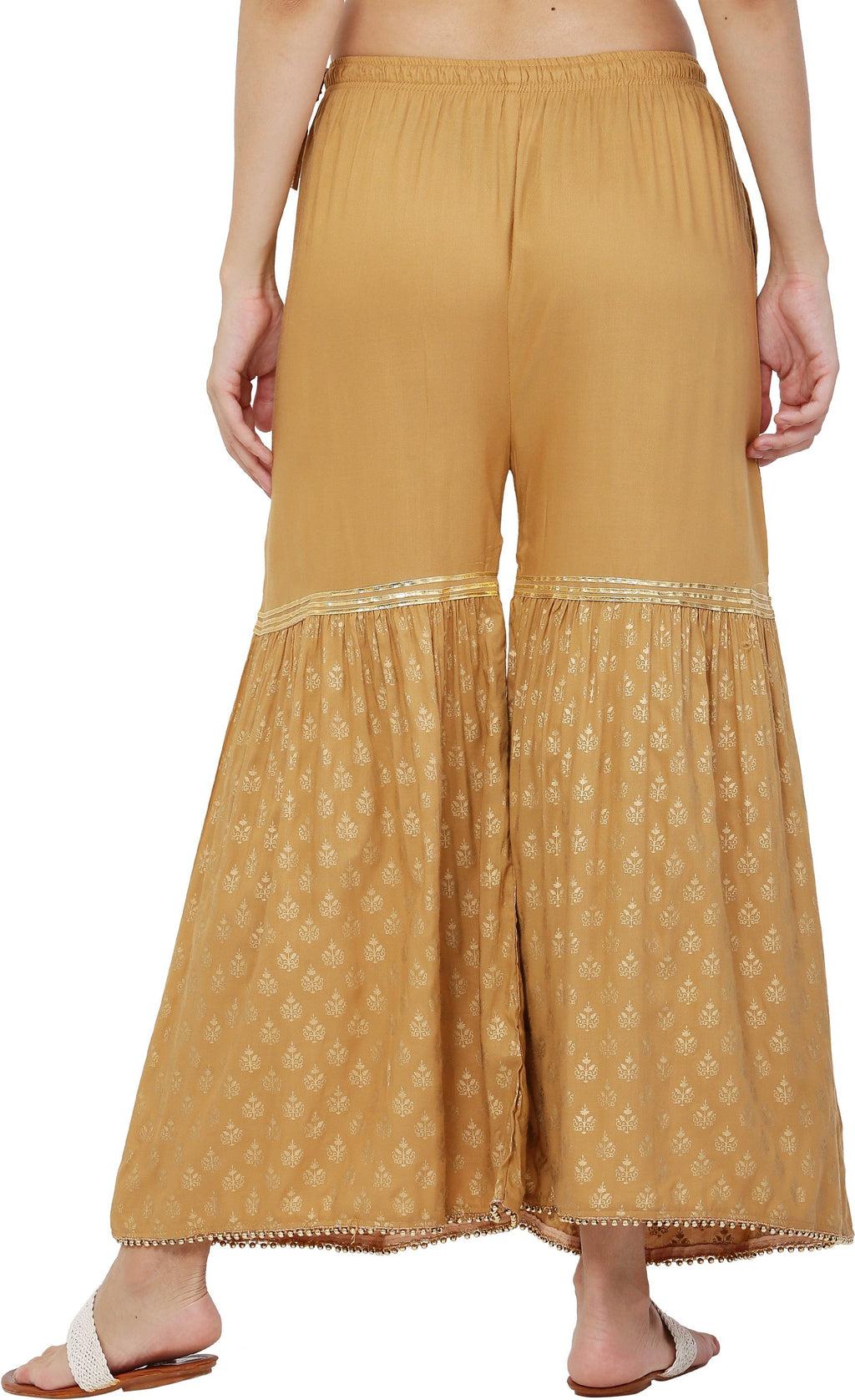 PAVONINE Beige Color 3-Panels Sequence Printed Flared Sharara For Women & Girls | Grocsy