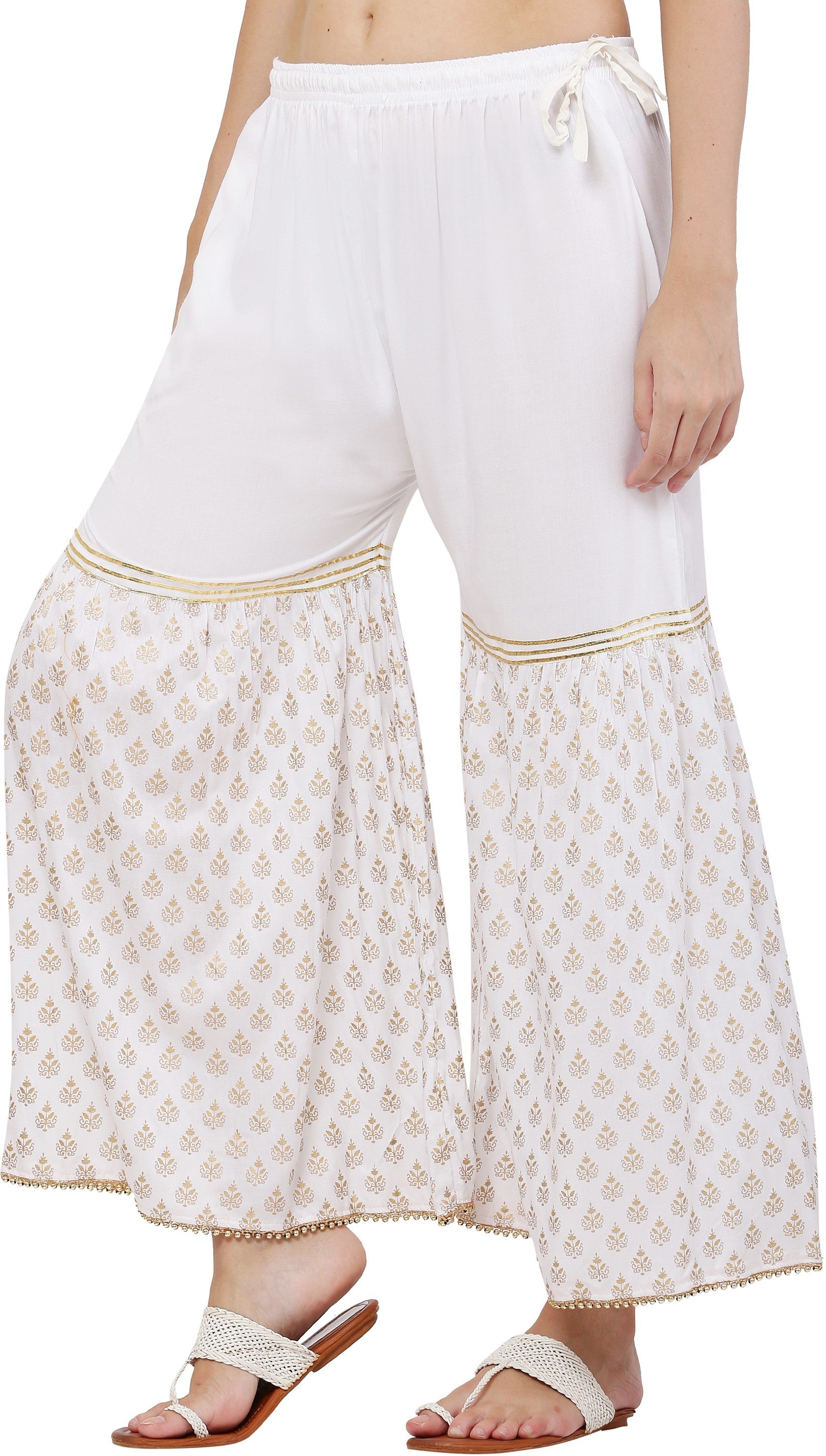 PAVONINE White Color 3-Panels Sequence Printed Flared Sharara For Women & Girls | Grocsy