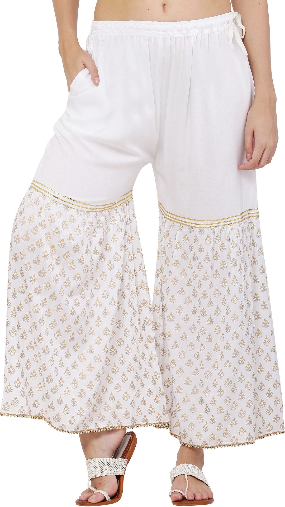 PAVONINE White Color 3-Panels Sequence Printed Flared Sharara For Women & Girls | Grocsy
