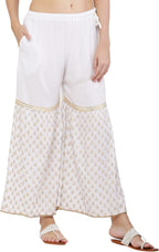 PAVONINE White Color 3-Panels Sequence Printed Flared Sharara For Women & Girls | Grocsy