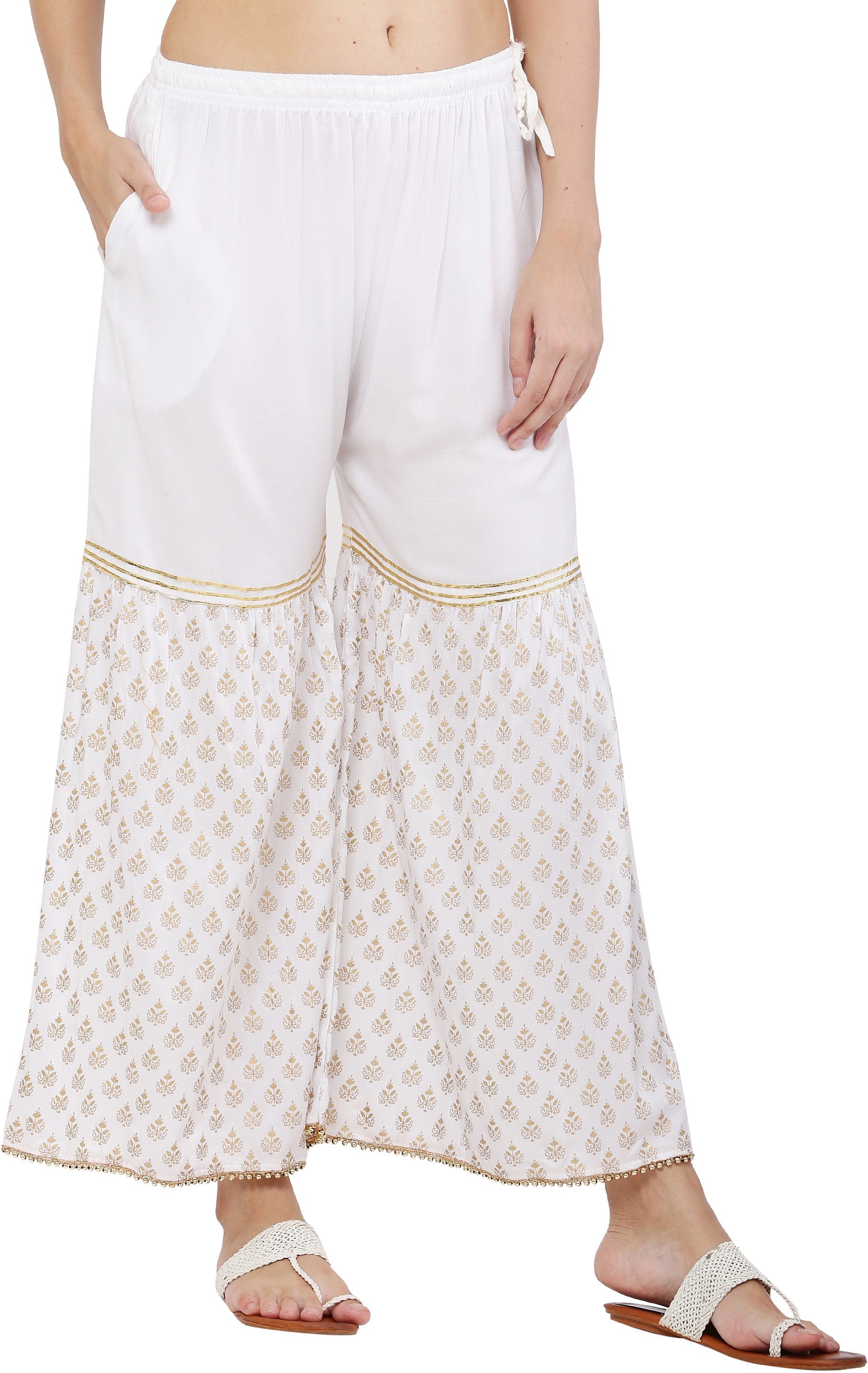 PAVONINE White Color 3-Panels Sequence Printed Flared Sharara For Women & Girls | Grocsy