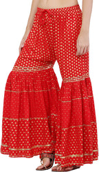 PAVONINE Red Color 3-Panels Golden Printed Flared Sharara For Women & Girls | Grocsy