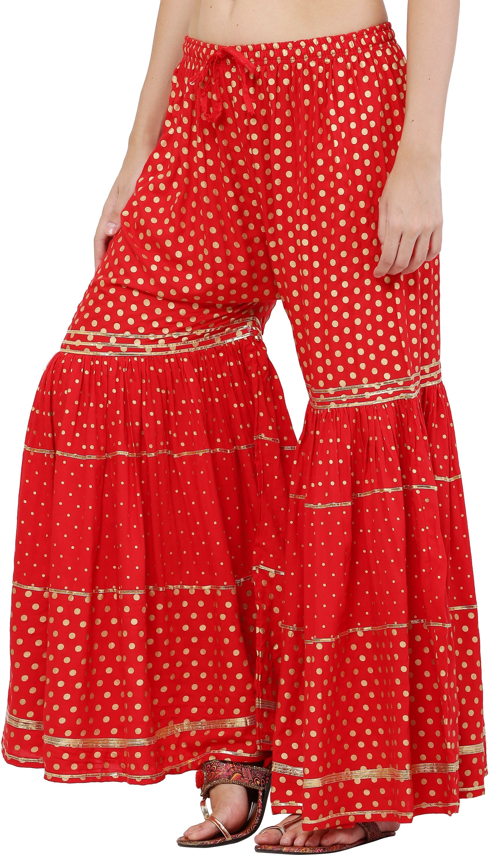 PAVONINE Red Color 3-Panels Golden Printed Flared Sharara For Women & Girls | Grocsy