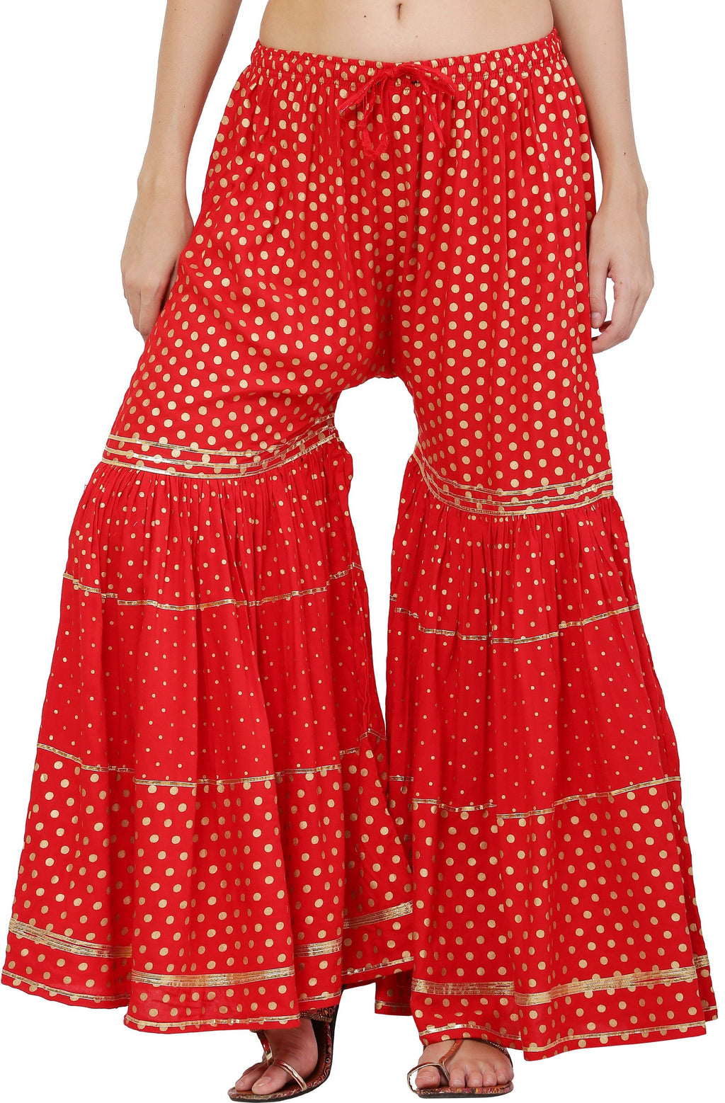 PAVONINE Red Color 3-Panels Golden Printed Flared Sharara For Women & Girls | Grocsy
