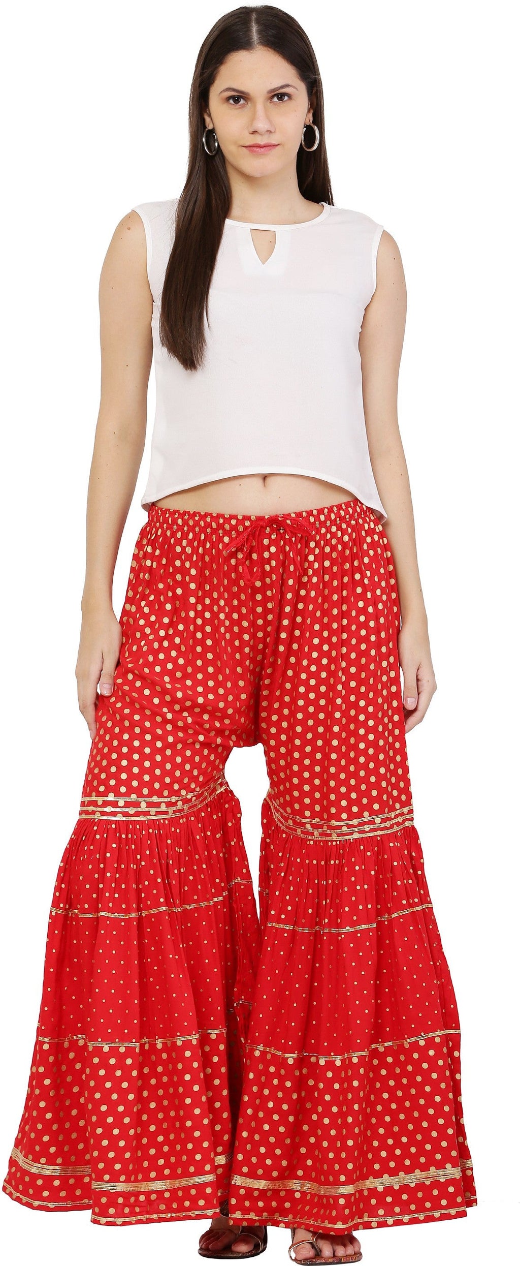 PAVONINE Red Color 3-Panels Golden Printed Flared Sharara For Women & Girls | Grocsy
