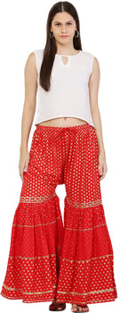 PAVONINE Red Color 3-Panels Golden Printed Flared Sharara For Women & Girls | Grocsy