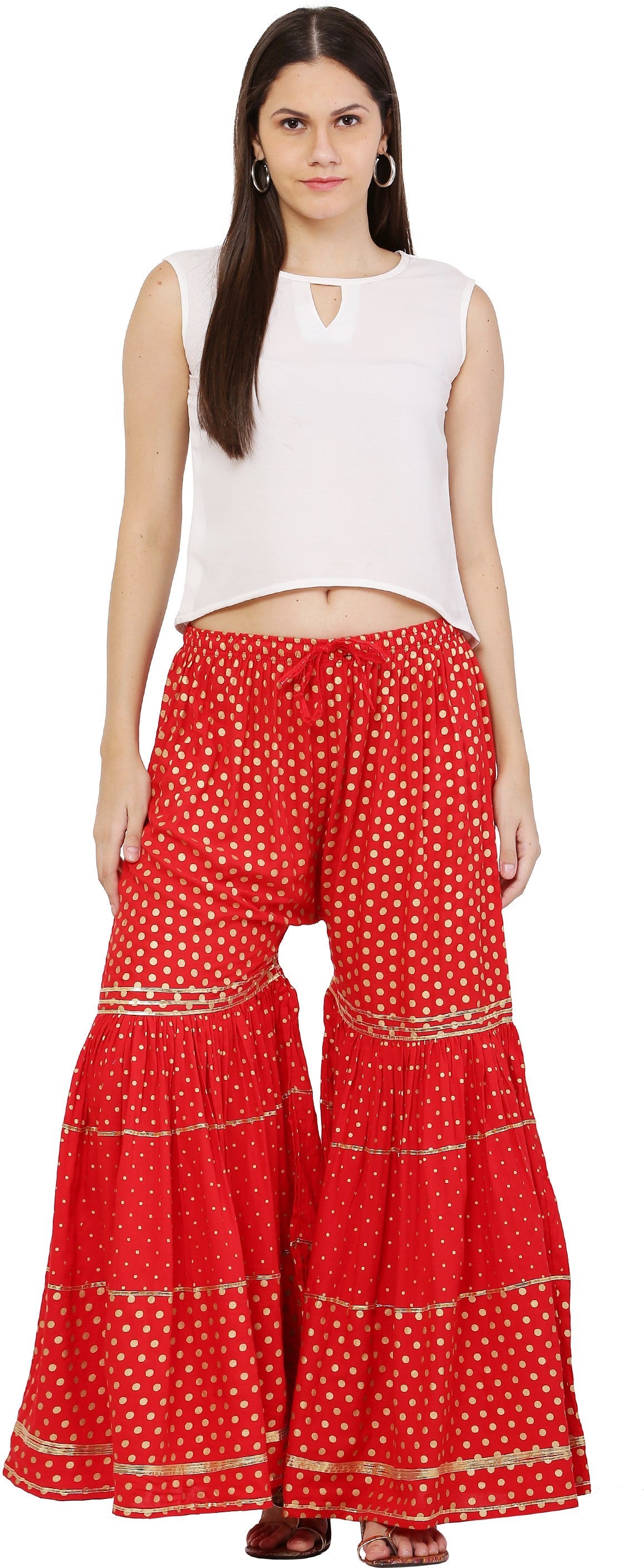 PAVONINE Red Color 3-Panels Golden Printed Flared Sharara For Women & Girls | Grocsy