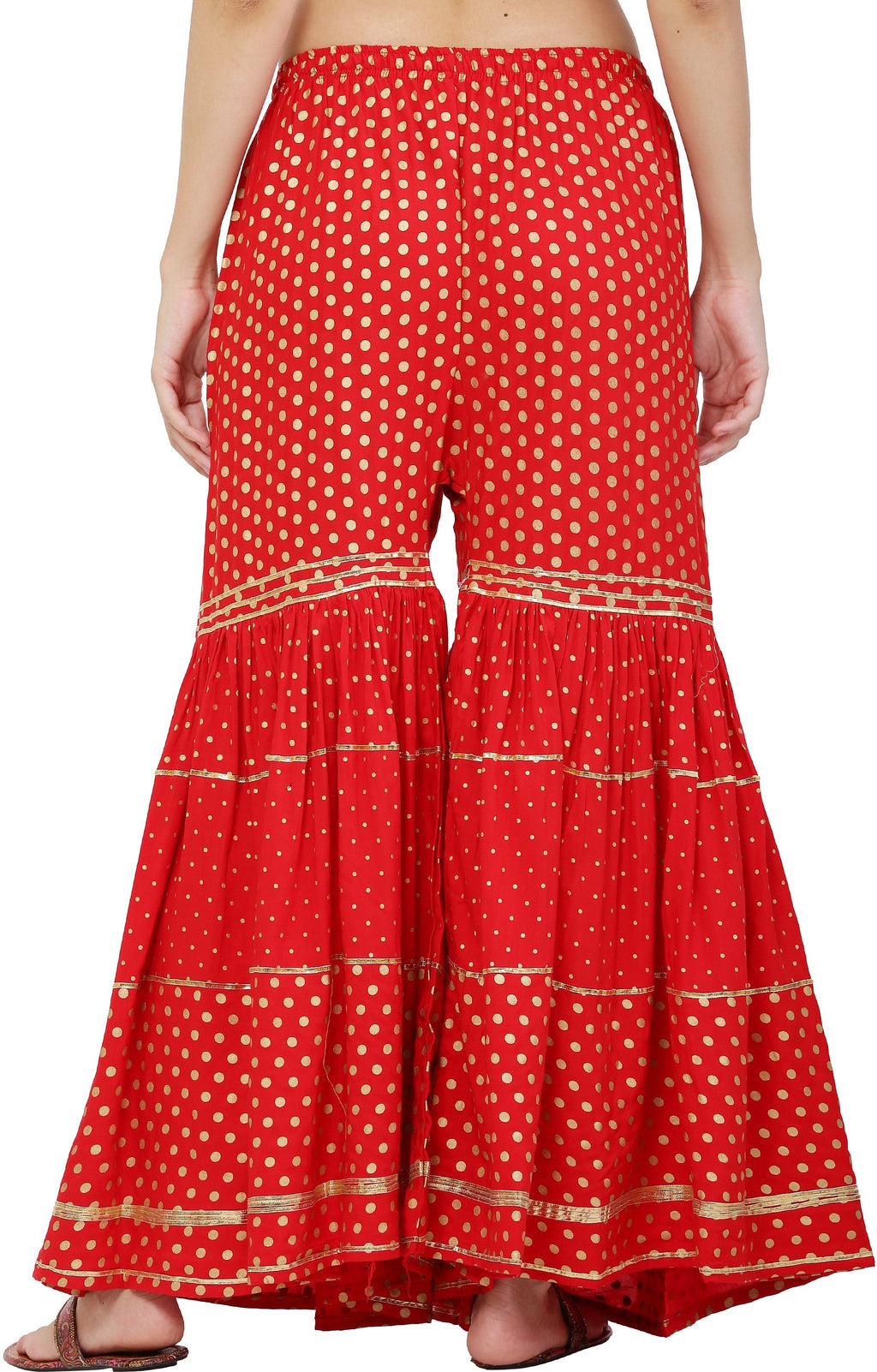 PAVONINE Red Color 3-Panels Golden Printed Flared Sharara For Women & Girls | Grocsy