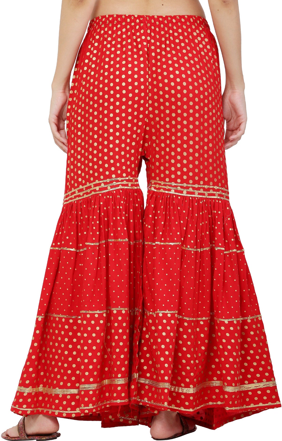 PAVONINE Red Color 3-Panels Golden Printed Flared Sharara For Women & Girls | Grocsy