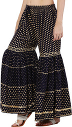 PAVONINE Black Color 3-Panels Golden Printed Flared Sharara For Women & Girls | Grocsy