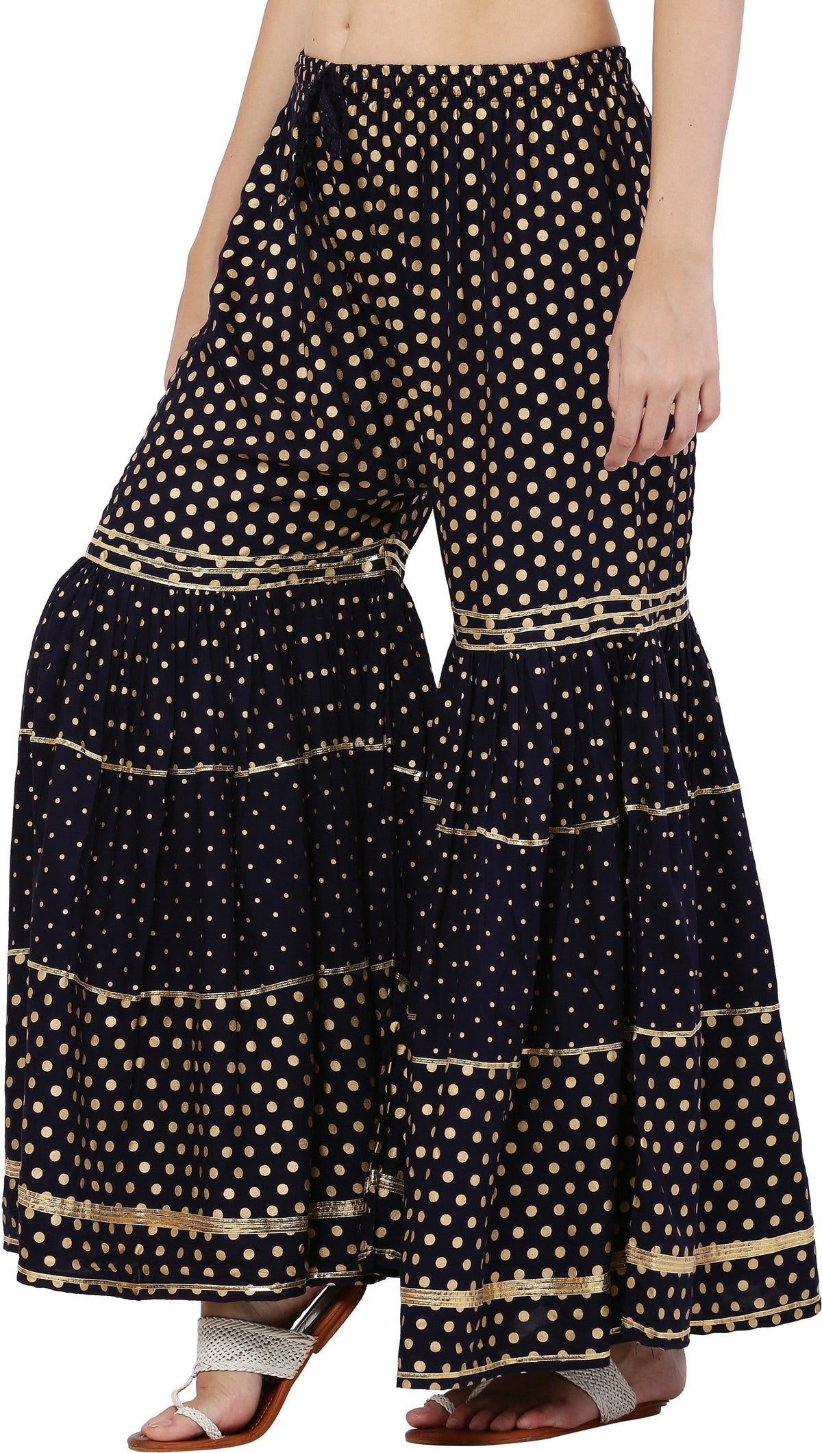PAVONINE Black Color 3-Panels Golden Printed Flared Sharara For Women & Girls | Grocsy