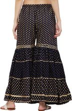PAVONINE Black Color 3-Panels Golden Printed Flared Sharara For Women & Girls | Grocsy