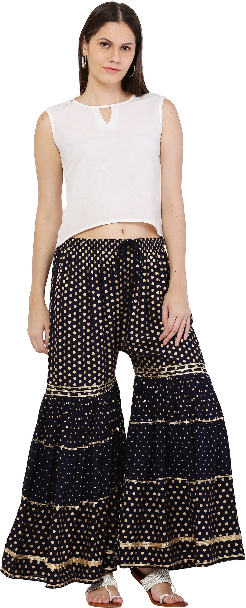 PAVONINE Black Color 3-Panels Golden Printed Flared Sharara For Women & Girls | Grocsy