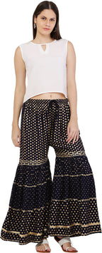 PAVONINE Black Color 3-Panels Golden Printed Flared Sharara For Women & Girls | Grocsy