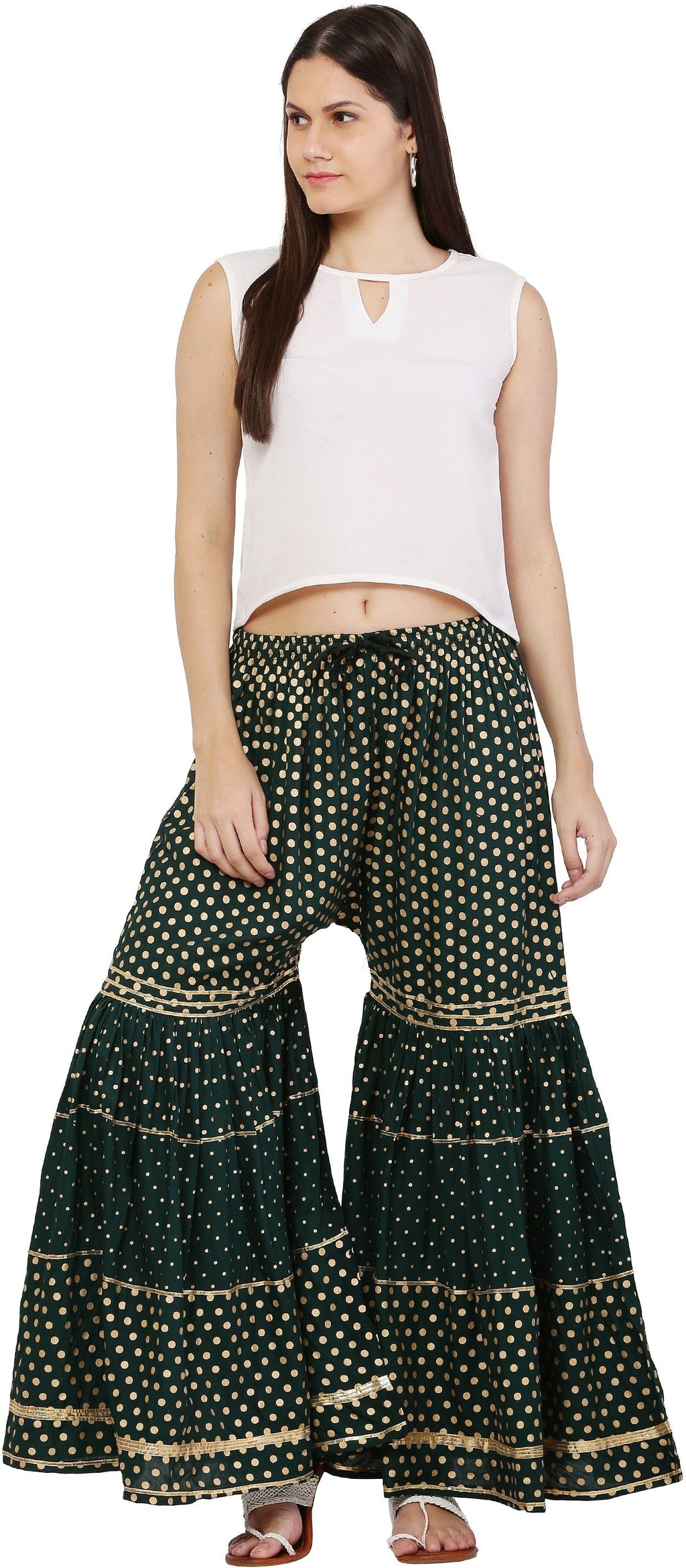 PAVONINE Bottle Green Color 3-Panels Golden Printed Flared Sharara For Women & Girls | Grocsy