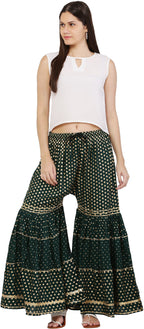 PAVONINE Bottle Green Color 3-Panels Golden Printed Flared Sharara For Women & Girls | Grocsy
