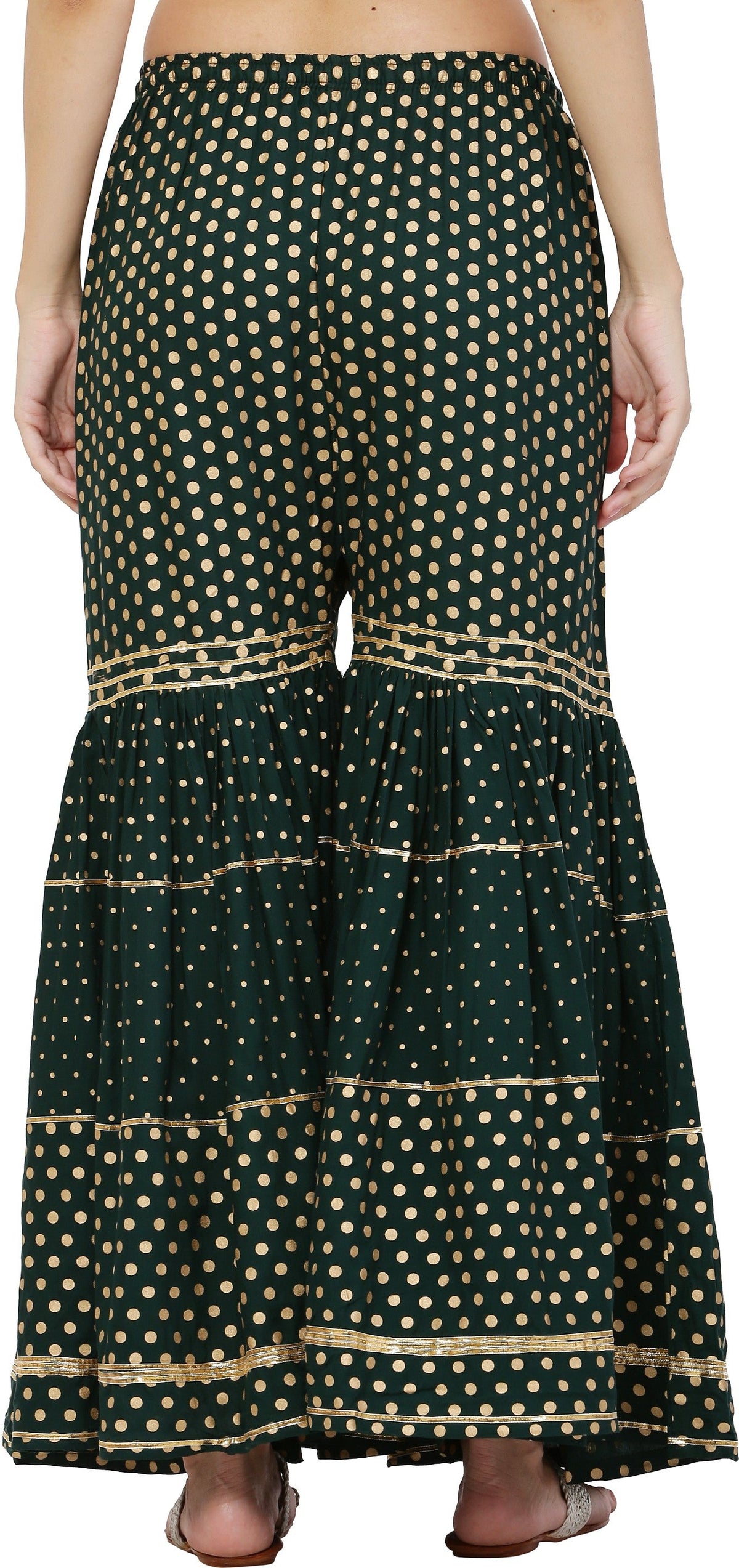PAVONINE Bottle Green Color 3-Panels Golden Printed Flared Sharara For Women & Girls | Grocsy