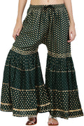 PAVONINE Bottle Green Color 3-Panels Golden Printed Flared Sharara For Women & Girls | Grocsy