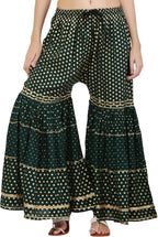 PAVONINE Bottle Green Color 3-Panels Golden Printed Flared Sharara For Women & Girls | Grocsy