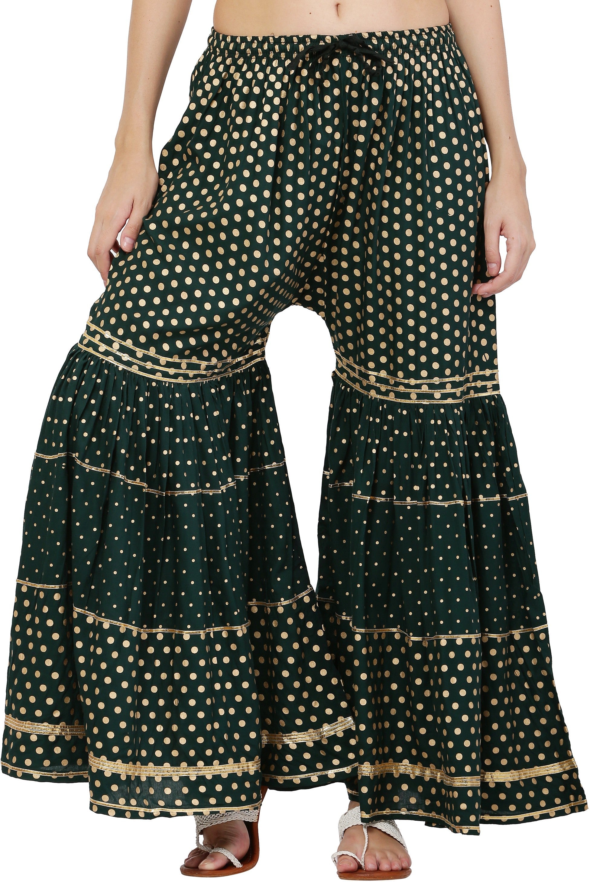 PAVONINE Bottle Green Color 3-Panels Golden Printed Flared Sharara For Women & Girls | Grocsy