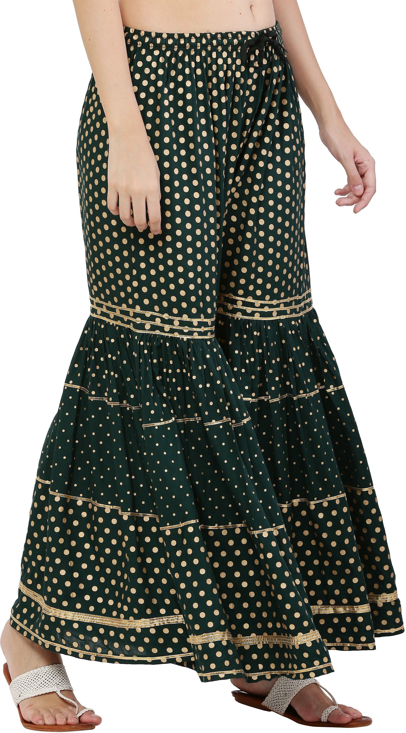 PAVONINE Bottle Green Color 3-Panels Golden Printed Flared Sharara For Women & Girls | Grocsy
