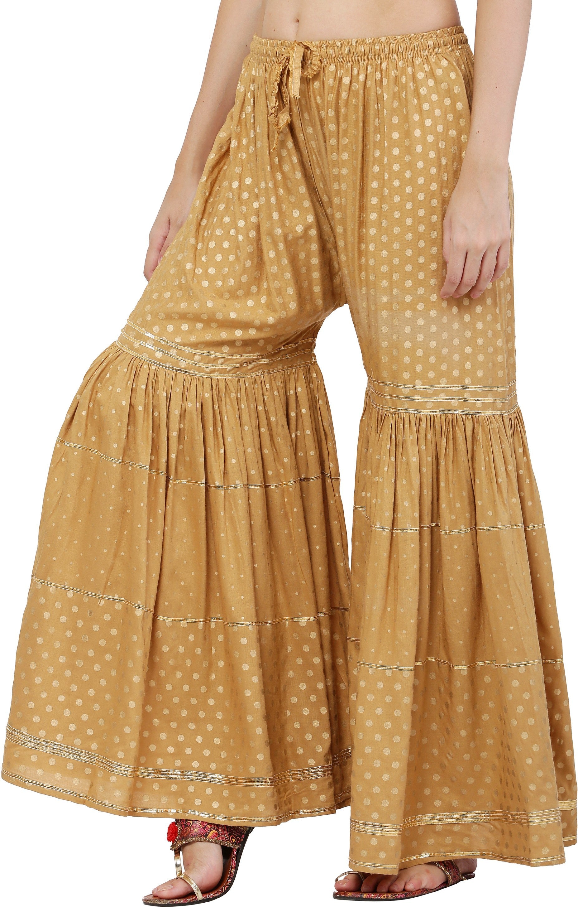 PAVONINE Beige Color 3-Panels Golden Printed Flared Sharara For Women & Girls | Grocsy
