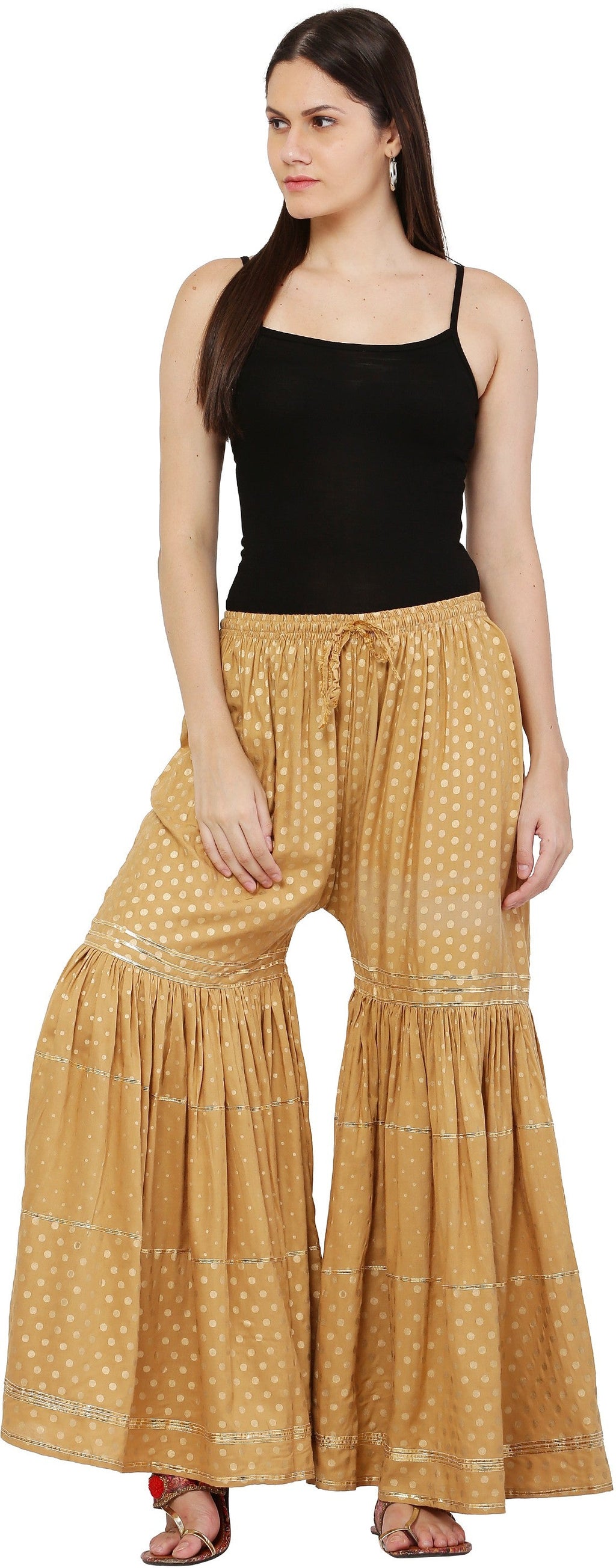 PAVONINE Beige Color 3-Panels Golden Printed Flared Sharara For Women & Girls | Grocsy
