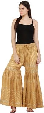 PAVONINE Beige Color 3-Panels Golden Printed Flared Sharara For Women & Girls | Grocsy