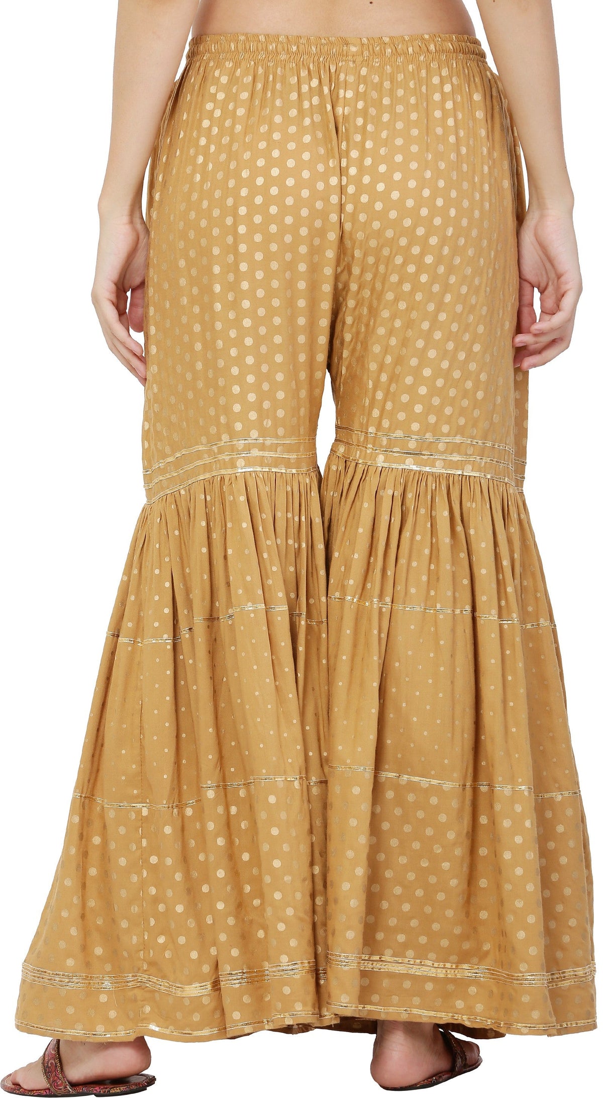 PAVONINE Beige Color 3-Panels Golden Printed Flared Sharara For Women & Girls | Grocsy