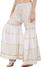 PAVONINE White Color 3-Panels Golden Printed Flared Sharara For Women & Girls | Grocsy