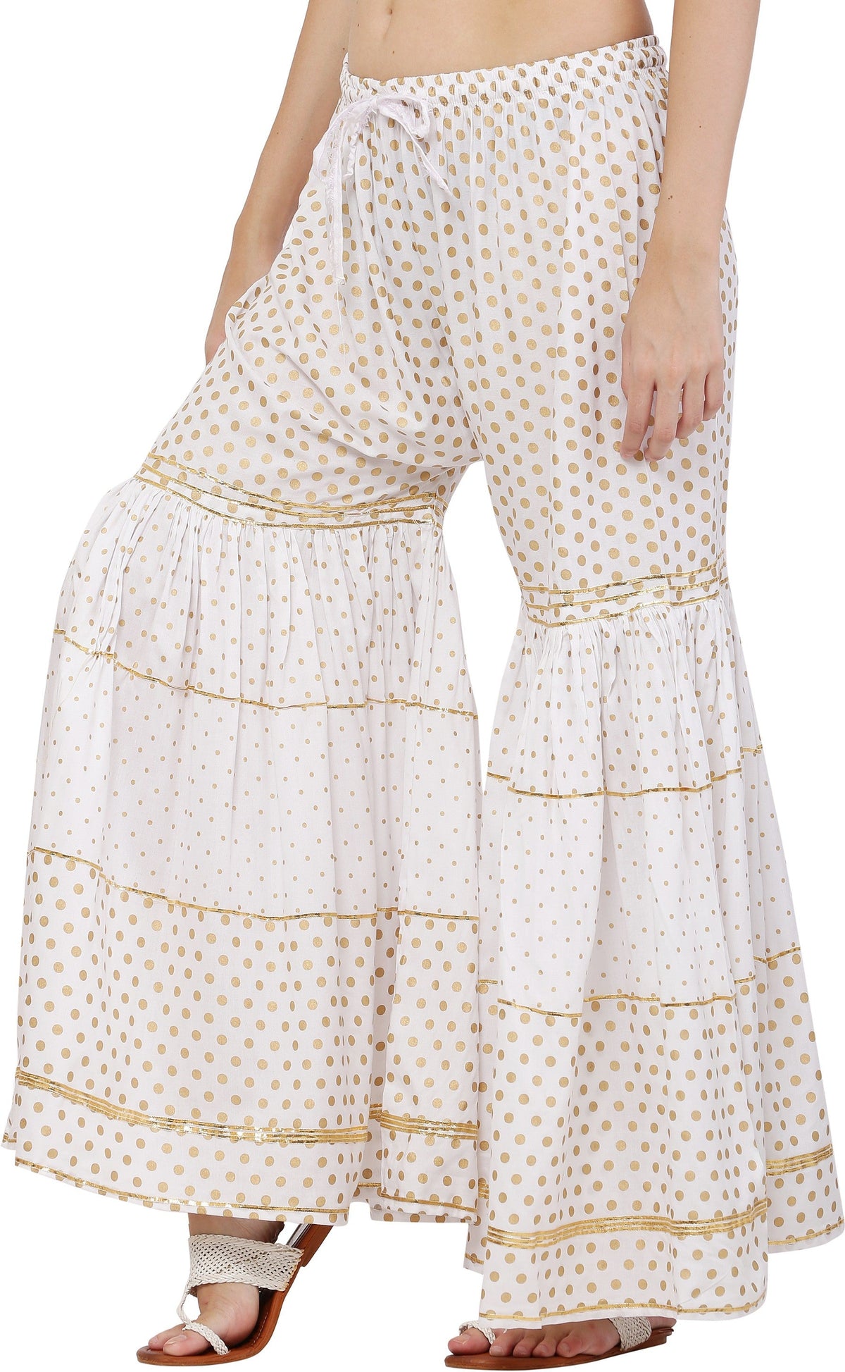 PAVONINE White Color 3-Panels Golden Printed Flared Sharara For Women & Girls | Grocsy