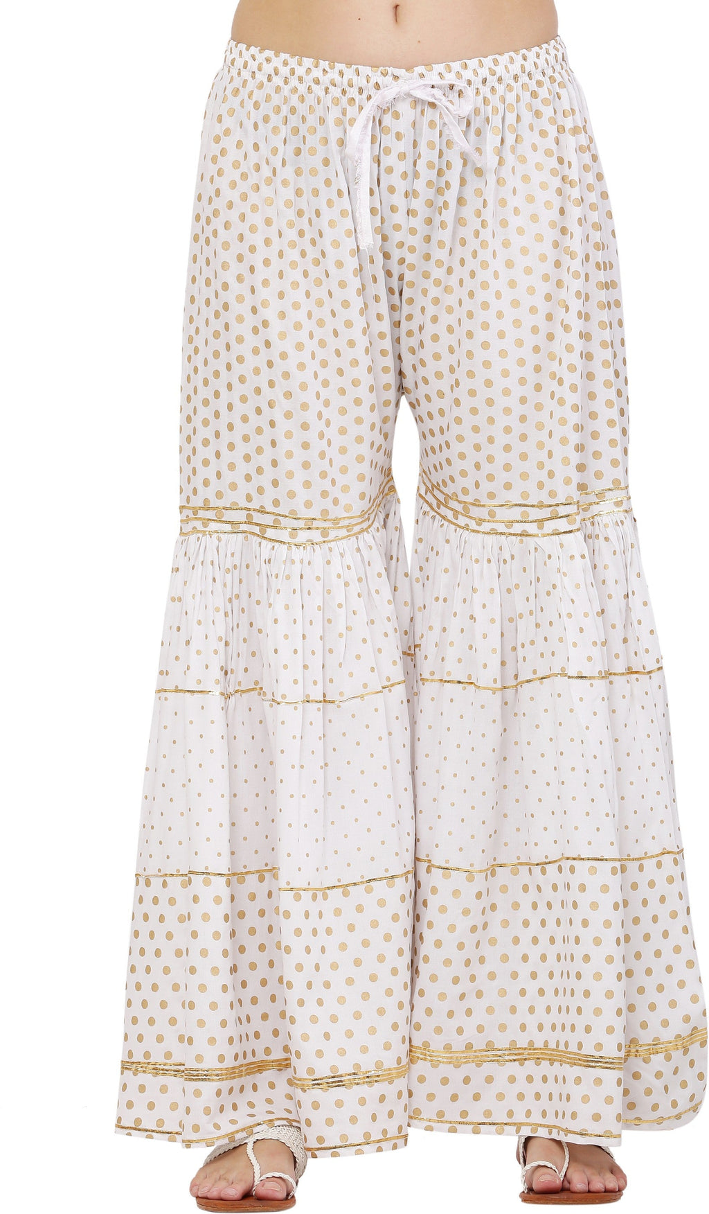 PAVONINE White Color 3-Panels Golden Printed Flared Sharara For Women & Girls | Grocsy
