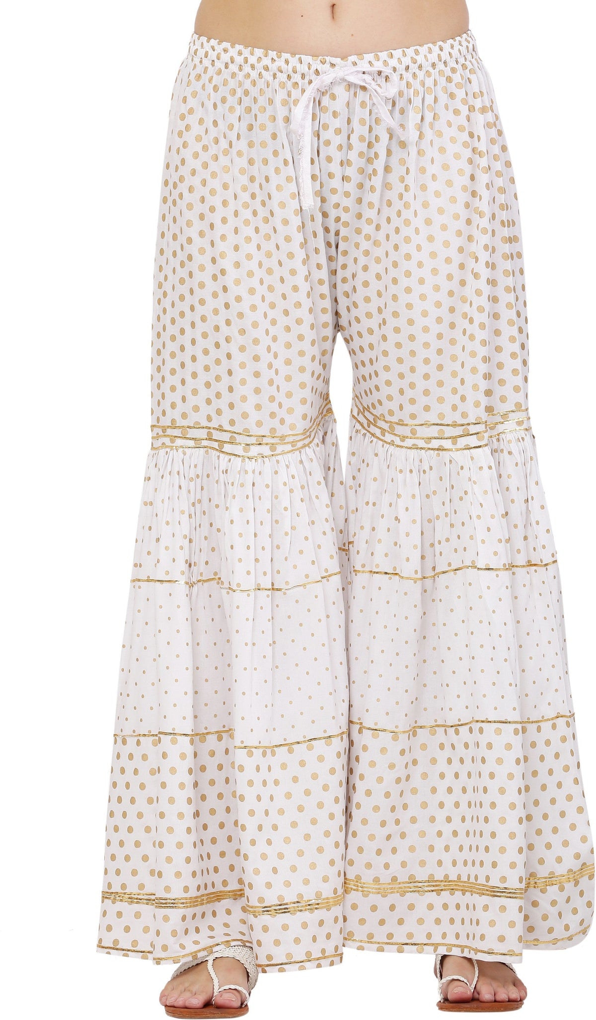 PAVONINE White Color 3-Panels Golden Printed Flared Sharara For Women & Girls | Grocsy