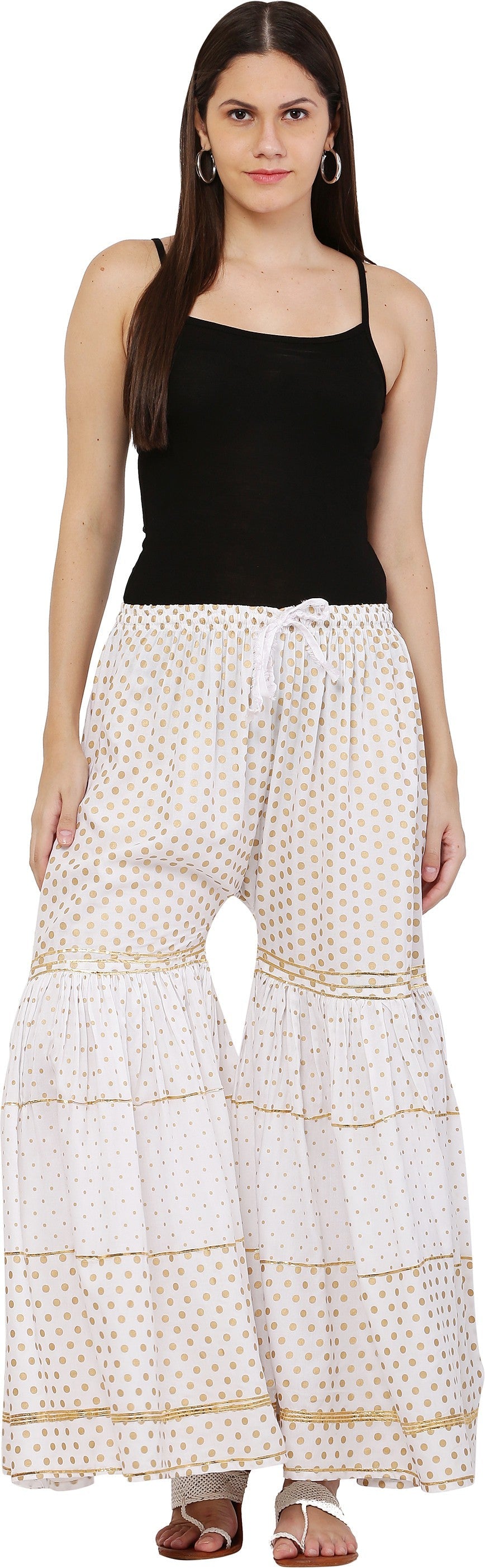 PAVONINE White Color 3-Panels Golden Printed Flared Sharara For Women & Girls | Grocsy