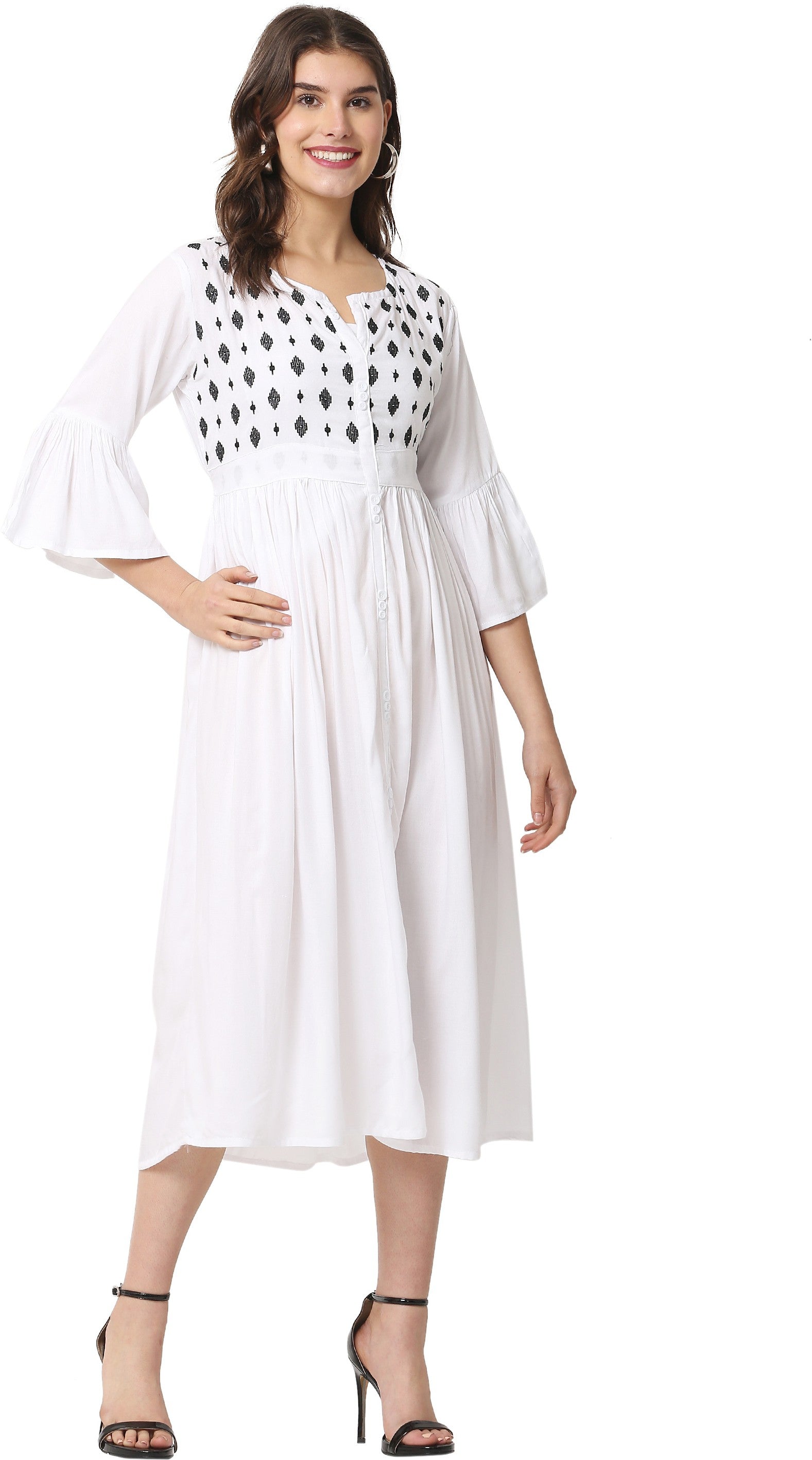 PAVONINE White Color Embroidery Work With Button Dress For Women | Grocsy