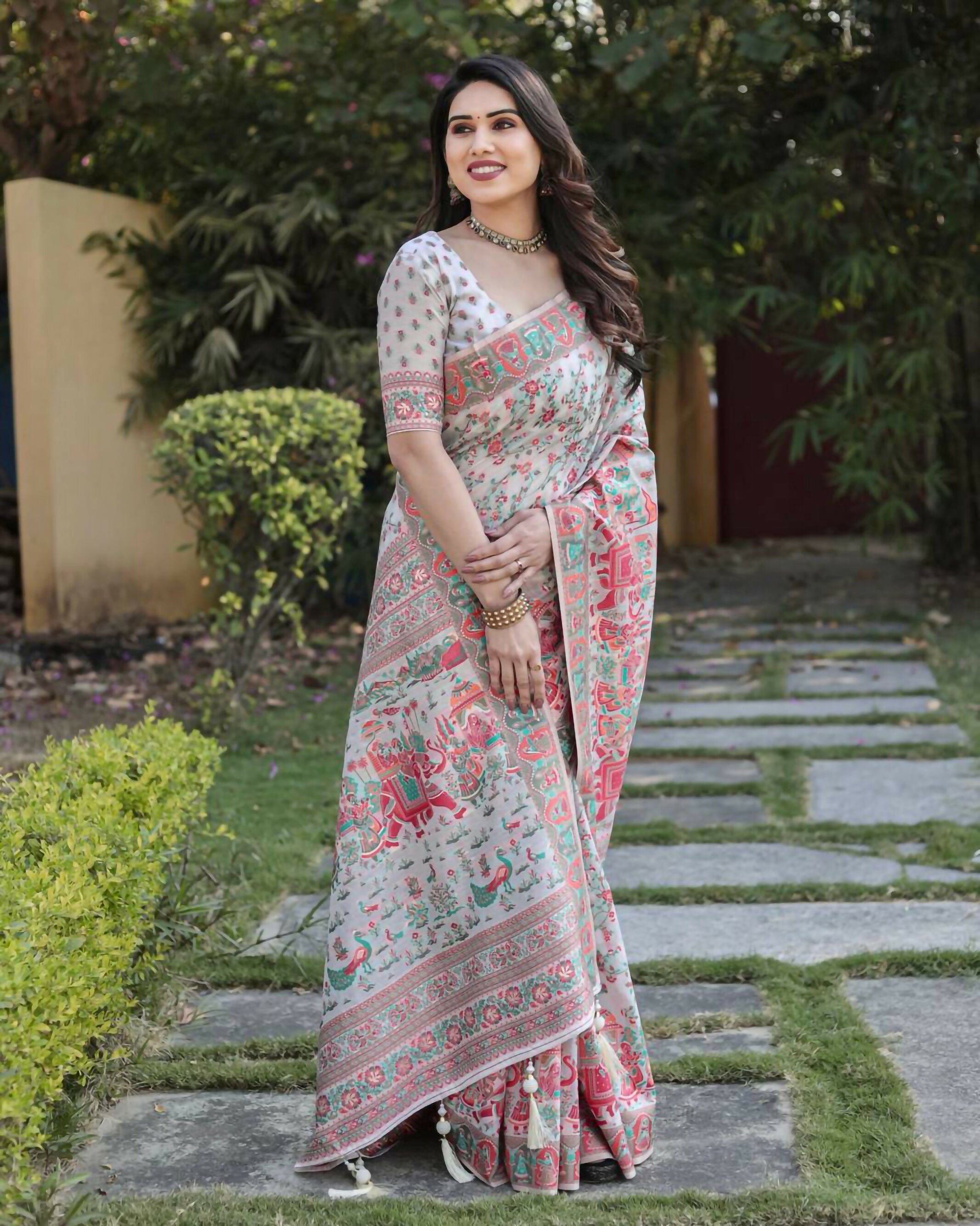 Vastranavya Luxury and Beautiful Soft, Smooth, Flowing Original Pashmina Soft Cotton Saree with Matching Blouse Fabric - Off White | Grocsy