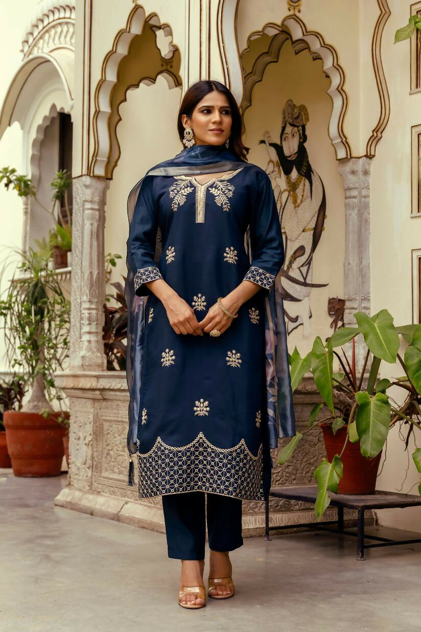 The52 Navy Blue Women's Beautiful Viscose Chanderi Fabric Thread Work Straight Kurta Pant and Dupatta Set | Grocsy