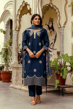 The52 Navy Blue Women's Beautiful Viscose Chanderi Fabric Thread Work Straight Kurta Pant and Dupatta Set | Grocsy
