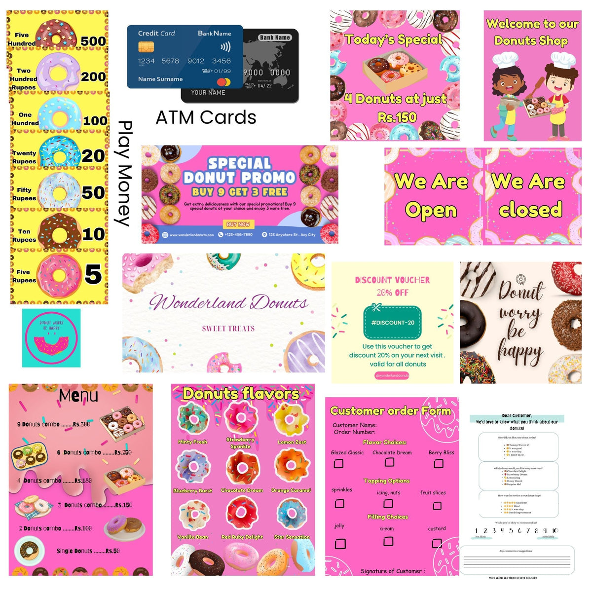 The Small Wonderland Pretend Play Donut Shop Set – 12 Colorful Fabric Donuts with Play Menu, ATM Cards, Money, and Shop Poster | Grocsy