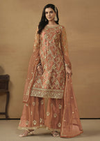 Tangy Brown Net Embroidered Wedding Festive Gharara Suit - Emponline | Grocsy