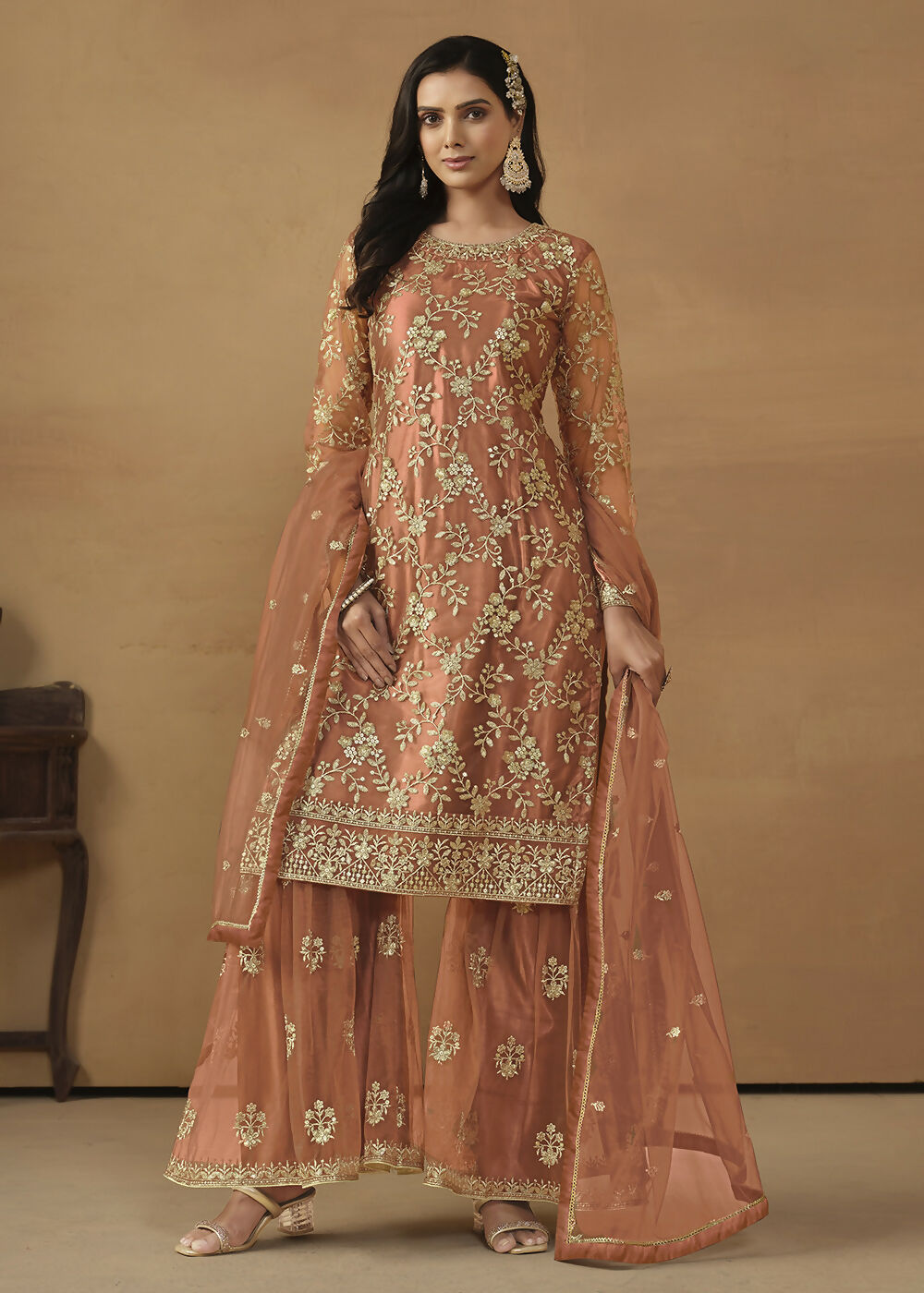 Tangy Brown Net Embroidered Wedding Festive Gharara Suit - Emponline | Grocsy
