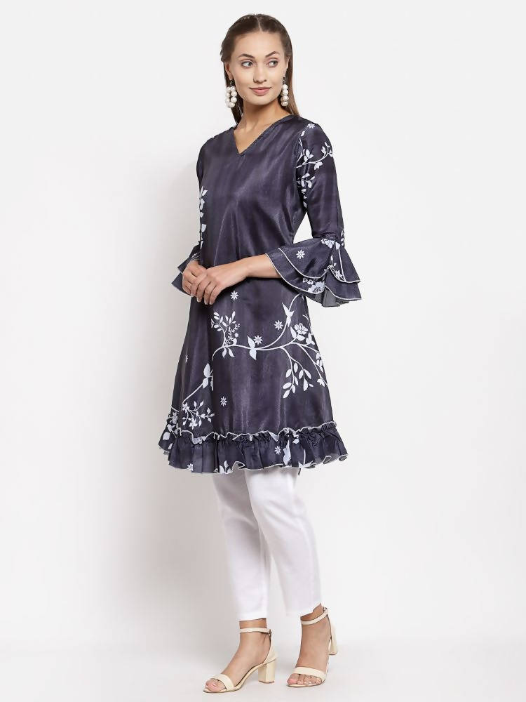 Myshka Women's Black Crep Printed Full Sleeve V Neck Casual Tunic | Grocsy