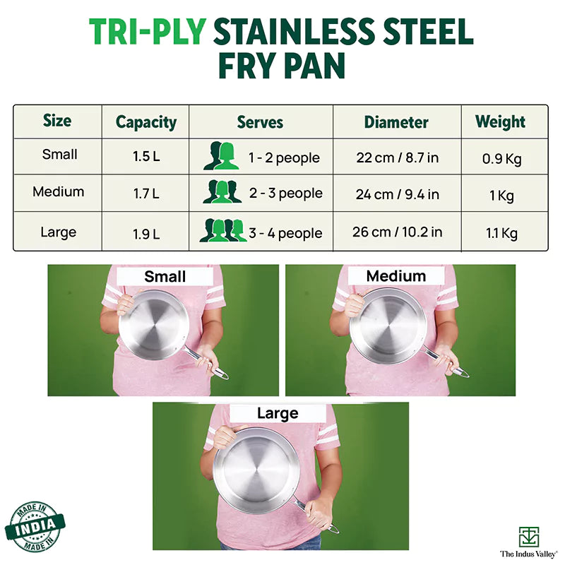 The Indus Valley TurboCuk Tri-ply Stainless Steel Fry Pan, Premium Quality, 3 Layer Thick Body, 100% Toxin-free, Non-stick, Induction & Gas,Spatula, 22/24/26 cm, 1.5/1.7/1.9L | Grocsy